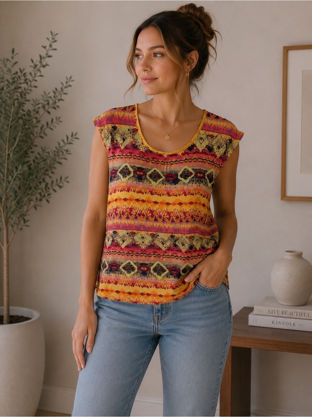 Laura T. Multicolor Patterned Tunic Top Size XS Y2K Boho Festival Abstract